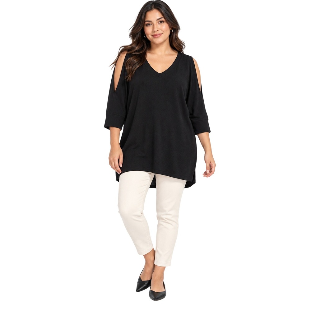 Chaser Black Cold Shoulder V-Neck Tunic Top 3/4 Sleeve SMALL